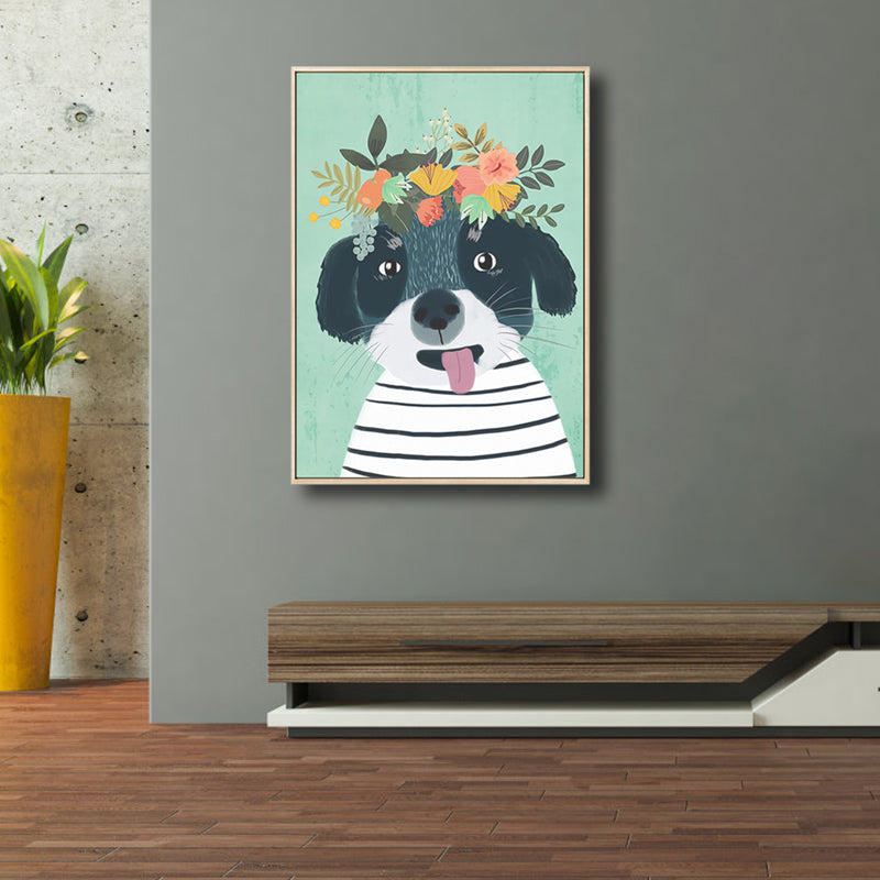Cartoon Pet Wearing Flowers Art Print Canvas Textured Colorful Wall Decor for Nursery Clearhalo 'Art Gallery' 'Canvas Art' 'Kids' Arts' 1810305