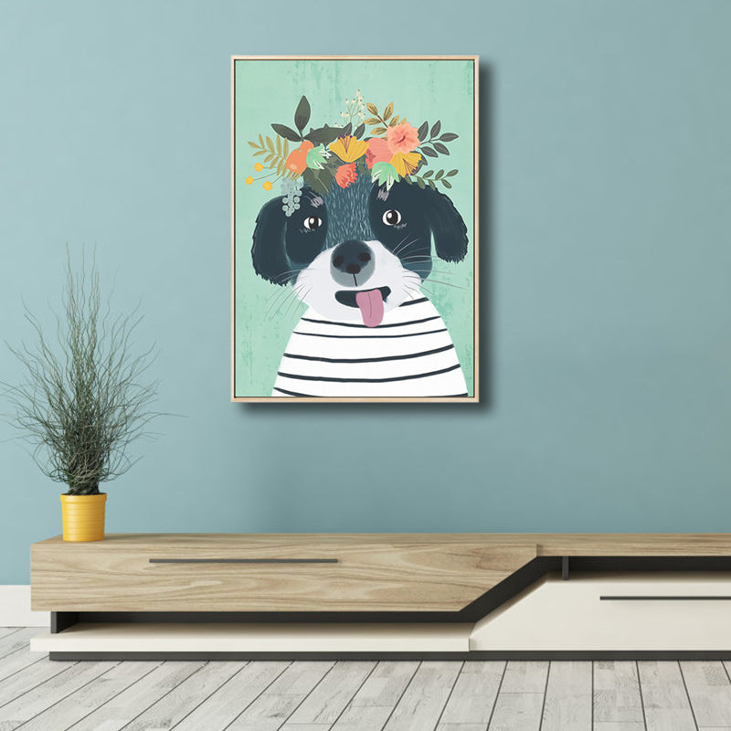 Cartoon Pet Wearing Flowers Art Print Canvas Textured Colorful Wall Decor for Nursery Clearhalo 'Art Gallery' 'Canvas Art' 'Kids' Arts' 1810306