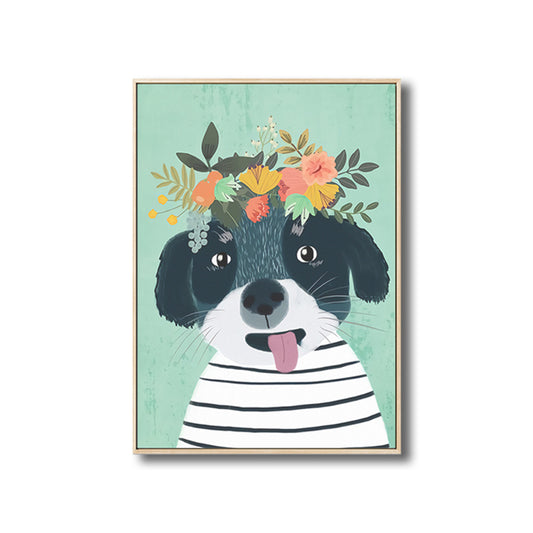 Cartoon Pet Wearing Flowers Art Print Canvas Textured Colorful Wall Decor for Nursery Clearhalo 'Art Gallery' 'Canvas Art' 'Kids' Arts' 1810307