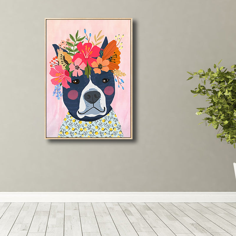 Cartoon Pet Wearing Flowers Art Print Canvas Textured Colorful Wall Decor for Nursery Blue Clearhalo 'Art Gallery' 'Canvas Art' 'Kids' Arts' 1810308