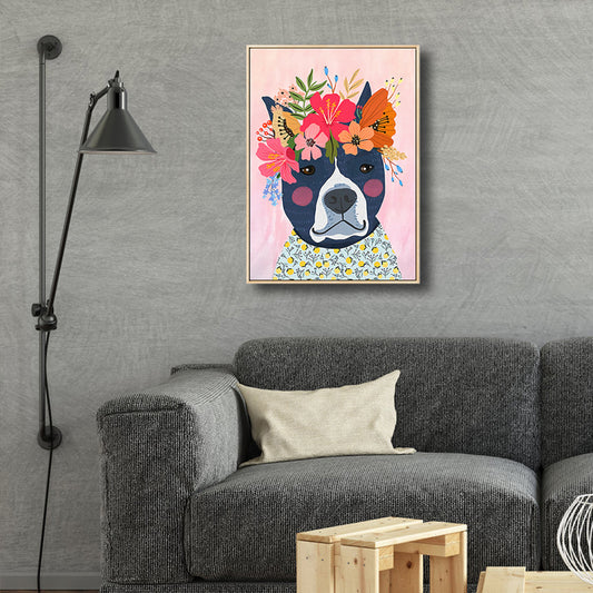 Cartoon Pet Wearing Flowers Art Print Canvas Textured Colorful Wall Decor for Nursery Clearhalo 'Art Gallery' 'Canvas Art' 'Kids' Arts' 1810310