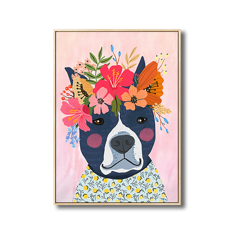 Cartoon Pet Wearing Flowers Art Print Canvas Textured Colorful Wall Decor for Nursery Clearhalo 'Art Gallery' 'Canvas Art' 'Kids' Arts' 1810311