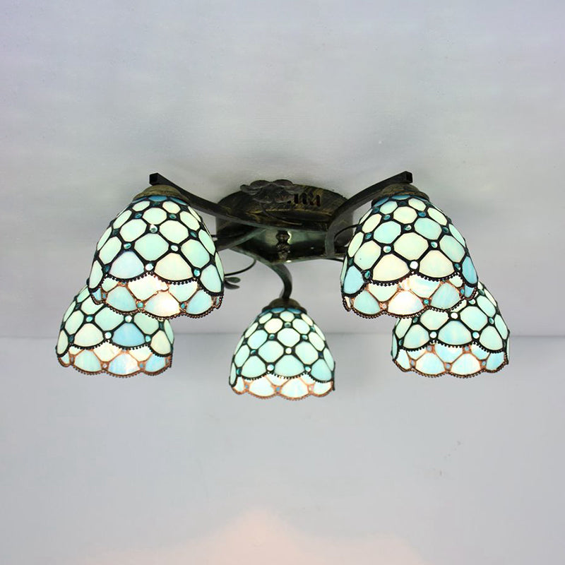 Tiffany Dome Semi Flushmount with Fish Scale Stained Glass 5 Lights Semi Flush Light Fixture for Bedroom Clearhalo 'Ceiling Lights' 'Chandeliers' 'Close To Ceiling Lights' 'Close to ceiling' 'Glass shade' 'Glass' 'Semi-flushmount' 'Tiffany close to ceiling' 'Tiffany' Lighting' 181060