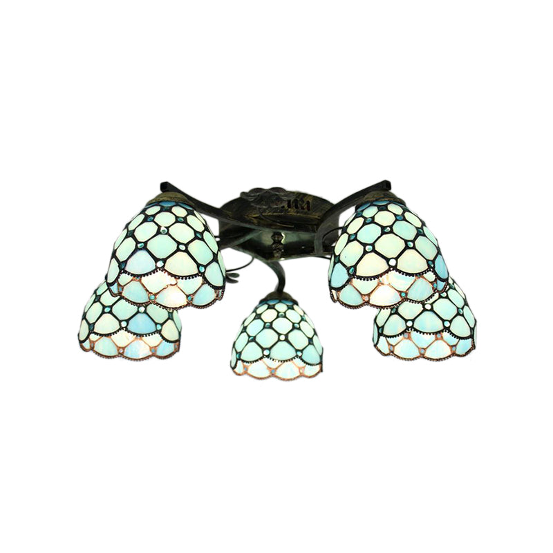 Tiffany Dome Semi Flushmount with Fish Scale Stained Glass 5 Lights Semi Flush Light Fixture for Bedroom Clearhalo 'Ceiling Lights' 'Chandeliers' 'Close To Ceiling Lights' 'Close to ceiling' 'Glass shade' 'Glass' 'Semi-flushmount' 'Tiffany close to ceiling' 'Tiffany' Lighting' 181061