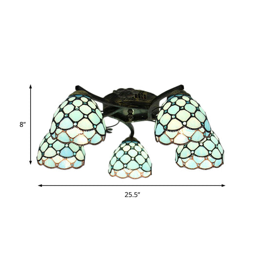 Tiffany Dome Semi Flushmount with Fish Scale Stained Glass 5 Lights Semi Flush Light Fixture for Bedroom Clearhalo 'Ceiling Lights' 'Chandeliers' 'Close To Ceiling Lights' 'Close to ceiling' 'Glass shade' 'Glass' 'Semi-flushmount' 'Tiffany close to ceiling' 'Tiffany' Lighting' 181062