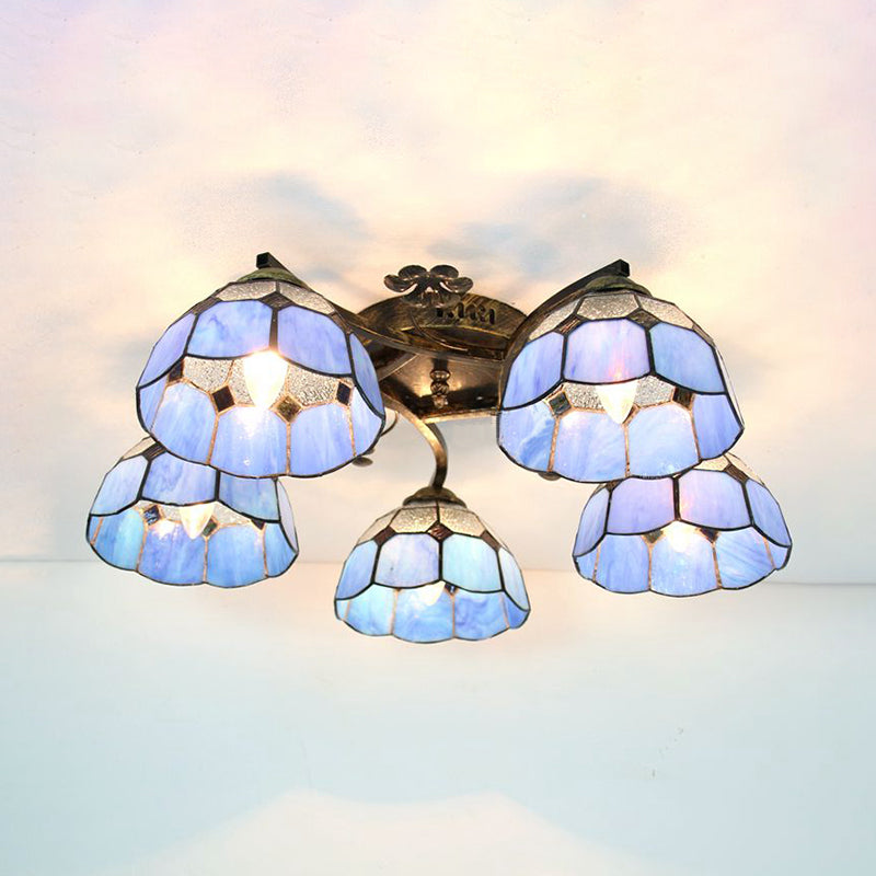 Stained Glass Dome Semi Flushmount Mediterranean 5 Lights Semi Flush Light in White/Clear for Bedroom Clear Clearhalo 'Ceiling Lights' 'Close To Ceiling Lights' 'Close to ceiling' 'Glass shade' 'Glass' 'Semi-flushmount' 'Tiffany close to ceiling' 'Tiffany' Lighting' 181116