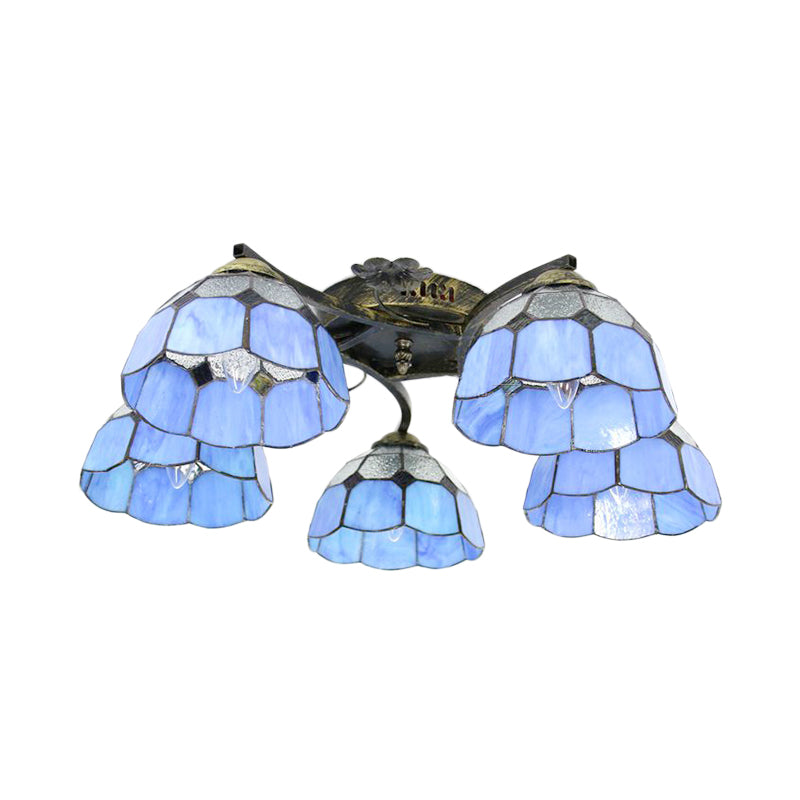 Stained Glass Dome Semi Flushmount Mediterranean 5 Lights Semi Flush Light in White/Clear for Bedroom Clearhalo 'Ceiling Lights' 'Close To Ceiling Lights' 'Close to ceiling' 'Glass shade' 'Glass' 'Semi-flushmount' 'Tiffany close to ceiling' 'Tiffany' Lighting' 181118