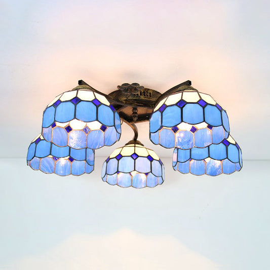 Stained Glass Dome Semi Flushmount Mediterranean 5 Lights Semi Flush Light in White/Clear for Bedroom White Clearhalo 'Ceiling Lights' 'Close To Ceiling Lights' 'Close to ceiling' 'Glass shade' 'Glass' 'Semi-flushmount' 'Tiffany close to ceiling' 'Tiffany' Lighting' 181120