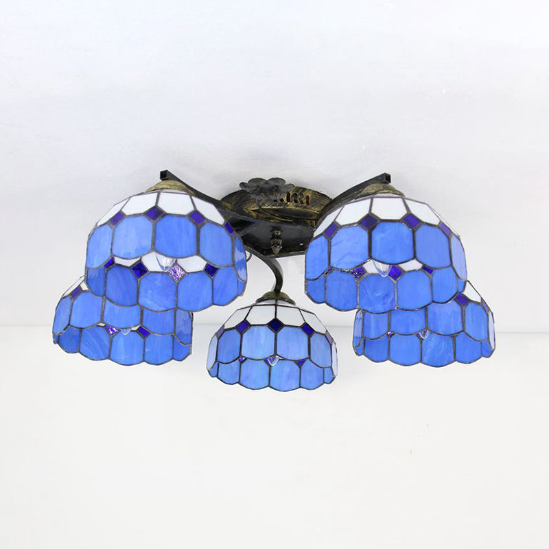Stained Glass Dome Semi Flushmount Mediterranean 5 Lights Semi Flush Light in White/Clear for Bedroom Clearhalo 'Ceiling Lights' 'Close To Ceiling Lights' 'Close to ceiling' 'Glass shade' 'Glass' 'Semi-flushmount' 'Tiffany close to ceiling' 'Tiffany' Lighting' 181121