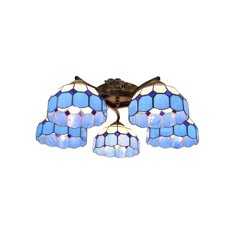 Stained Glass Dome Semi Flushmount Mediterranean 5 Lights Semi Flush Light in White/Clear for Bedroom Clearhalo 'Ceiling Lights' 'Close To Ceiling Lights' 'Close to ceiling' 'Glass shade' 'Glass' 'Semi-flushmount' 'Tiffany close to ceiling' 'Tiffany' Lighting' 181122