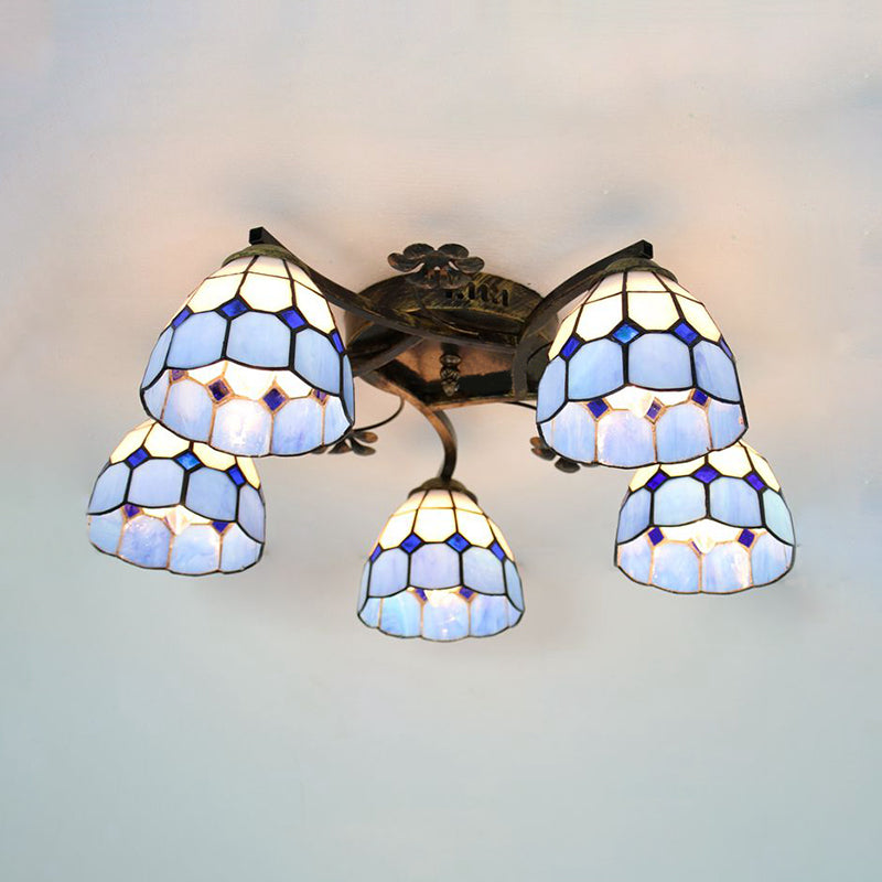 5 Lights Dome Semi Flush Lighting Tiffany Style Stained Glass Semi Flush Mount Light in White/Clear White Clearhalo 'Ceiling Lights' 'Close To Ceiling Lights' 'Close to ceiling' 'Glass shade' 'Glass' 'Semi-flushmount' 'Tiffany close to ceiling' 'Tiffany' Lighting' 181127