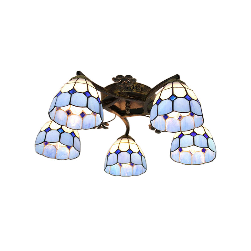 5 Lights Dome Semi Flush Lighting Tiffany Style Stained Glass Semi Flush Mount Light in White/Clear Clearhalo 'Ceiling Lights' 'Close To Ceiling Lights' 'Close to ceiling' 'Glass shade' 'Glass' 'Semi-flushmount' 'Tiffany close to ceiling' 'Tiffany' Lighting' 181129