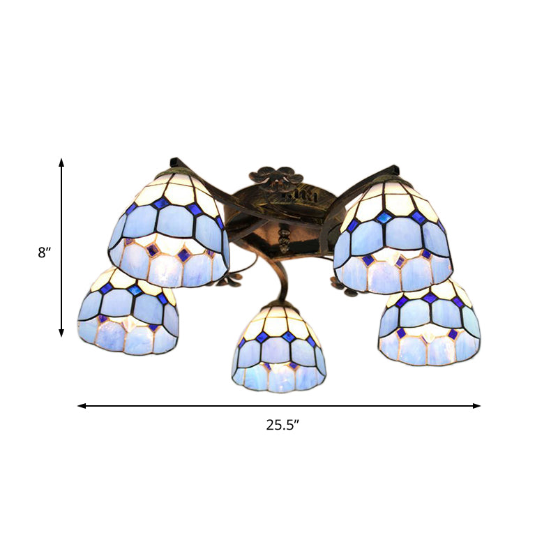 5 Lights Dome Semi Flush Lighting Tiffany Style Stained Glass Semi Flush Mount Light in White/Clear Clearhalo 'Ceiling Lights' 'Close To Ceiling Lights' 'Close to ceiling' 'Glass shade' 'Glass' 'Semi-flushmount' 'Tiffany close to ceiling' 'Tiffany' Lighting' 181130