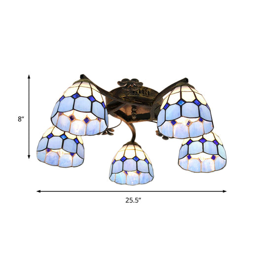 5 Lights Dome Semi Flush Lighting Tiffany Style Stained Glass Semi Flush Mount Light in White/Clear Clearhalo 'Ceiling Lights' 'Close To Ceiling Lights' 'Close to ceiling' 'Glass shade' 'Glass' 'Semi-flushmount' 'Tiffany close to ceiling' 'Tiffany' Lighting' 181130