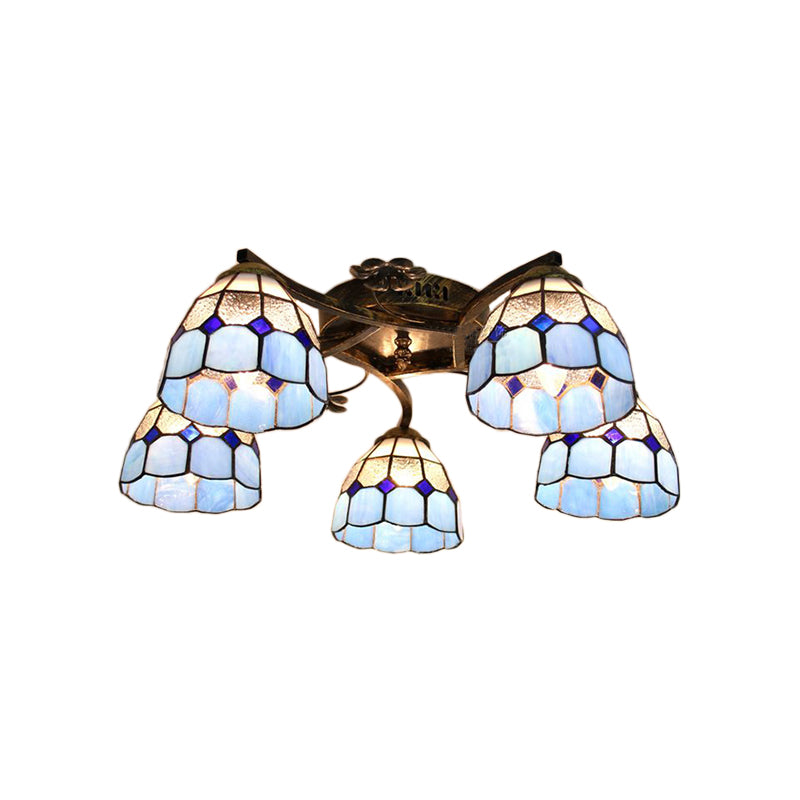 5 Lights Dome Semi Flush Lighting Tiffany Style Stained Glass Semi Flush Mount Light in White/Clear Clearhalo 'Ceiling Lights' 'Close To Ceiling Lights' 'Close to ceiling' 'Glass shade' 'Glass' 'Semi-flushmount' 'Tiffany close to ceiling' 'Tiffany' Lighting' 181132