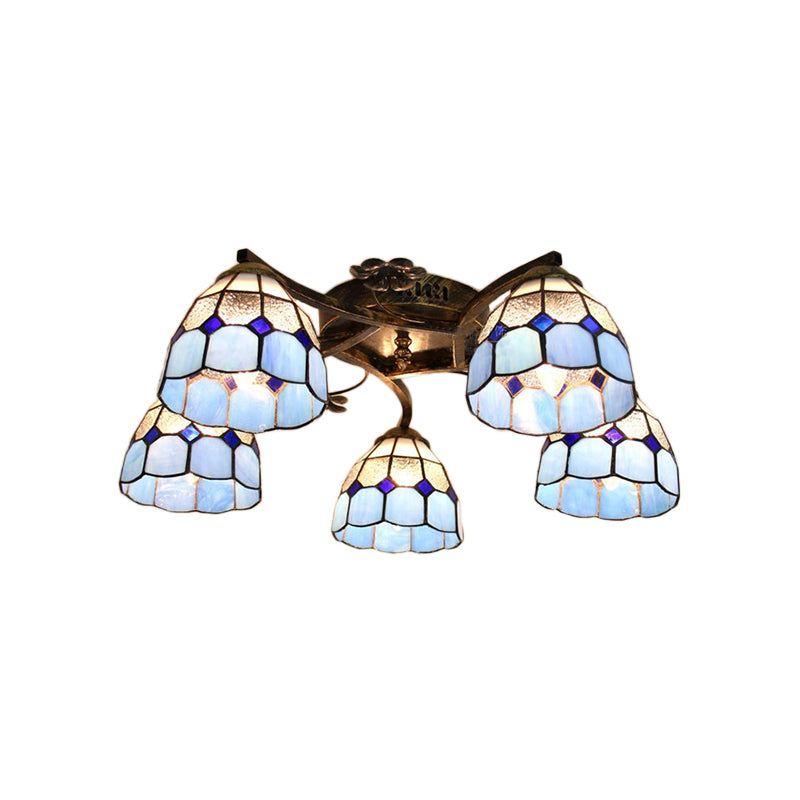 5 Lights Dome Semi Flush Lighting Tiffany Style Stained Glass Semi Flush Mount Light in White/Clear Clearhalo 'Ceiling Lights' 'Close To Ceiling Lights' 'Close to ceiling' 'Glass shade' 'Glass' 'Semi-flushmount' 'Tiffany close to ceiling' 'Tiffany' Lighting' 181132