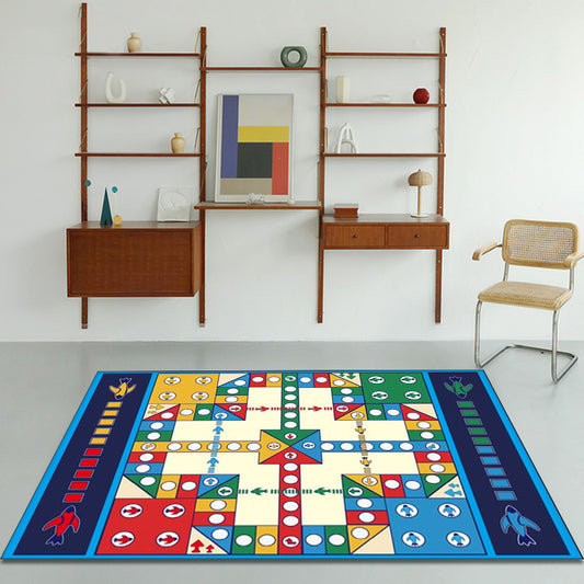 Blue Nursery Rug Kids Checkboard Pattern Rug Polyester Washable Anti-Slip Backing Pet Friendly Carpet