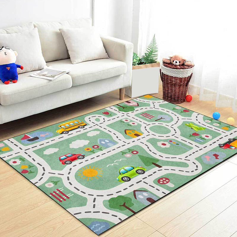 Kids Road Pattern Rug with Car Green Polyester Rug Non-Slip Pet Friendly Washable Are Rug for child's room Green Clearhalo 'Area Rug' 'Rug' 1811498