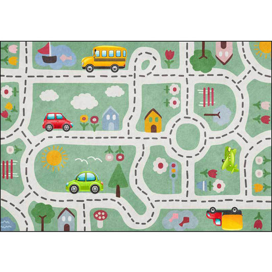 Kids Road Pattern Rug with Car Green Polyester Rug Non-Slip Pet Friendly Washable Are Rug for child's room
