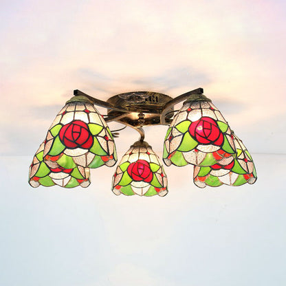 Rose Semi Flushmount Lodge Style Stained Glass 5 Heads Living Room Semi Flush Lighting in Clear/White Clear Clearhalo 'Ceiling Lights' 'Close To Ceiling Lights' 'Close to ceiling' 'Glass shade' 'Glass' 'Semi-flushmount' 'Tiffany close to ceiling' 'Tiffany' Lighting' 181156