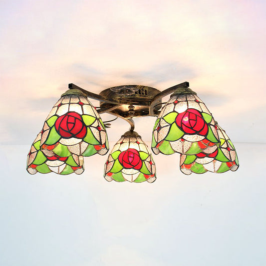 Rose Semi Flushmount Lodge Style Stained Glass 5 Heads Living Room Semi Flush Lighting in Clear/White Clear Clearhalo 'Ceiling Lights' 'Close To Ceiling Lights' 'Close to ceiling' 'Glass shade' 'Glass' 'Semi-flushmount' 'Tiffany close to ceiling' 'Tiffany' Lighting' 181156