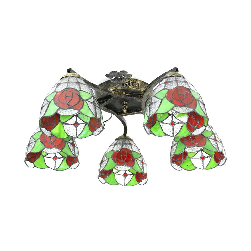 Rose Semi Flushmount Lodge Style Stained Glass 5 Heads Living Room Semi Flush Lighting in Clear/White Clearhalo 'Ceiling Lights' 'Close To Ceiling Lights' 'Close to ceiling' 'Glass shade' 'Glass' 'Semi-flushmount' 'Tiffany close to ceiling' 'Tiffany' Lighting' 181157