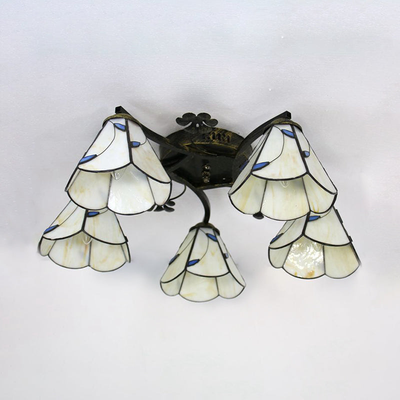 Clear/Blue/Beige Lodge Semi Flush Light with Cone Shade Stained Glass 5 Lights Semi Flushmount for Stairway Clearhalo 'Ceiling Lights' 'Chandeliers' 'Close To Ceiling Lights' 'Close to ceiling' 'Glass shade' 'Glass' 'Semi-flushmount' 'Tiffany close to ceiling' 'Tiffany' Lighting' 181159