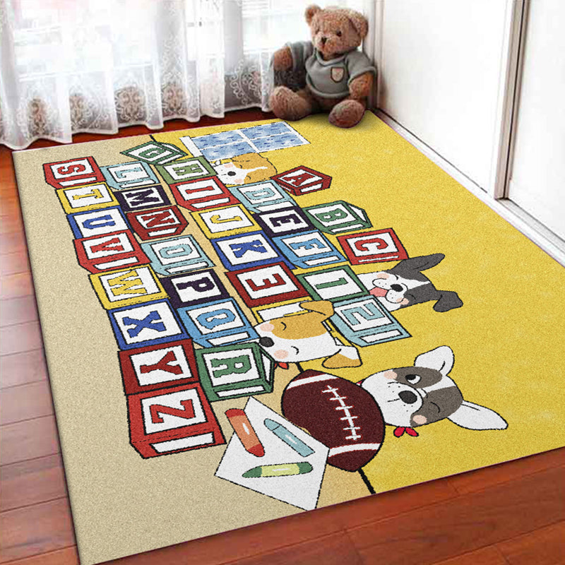Yellow Letter Pattern Rug with Dog Polyester Kids Rug Pet Friendly Washable Non-Slip Area Rug for Bedroom Clearhalo 'Area Rug' 'Rug' 1811591