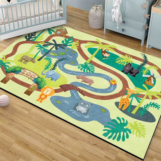 Kids Zoo Pattern Rug with Animal Brown Polyester Rug Non-Slip Pet Friendly Washable Are Rug for child's room