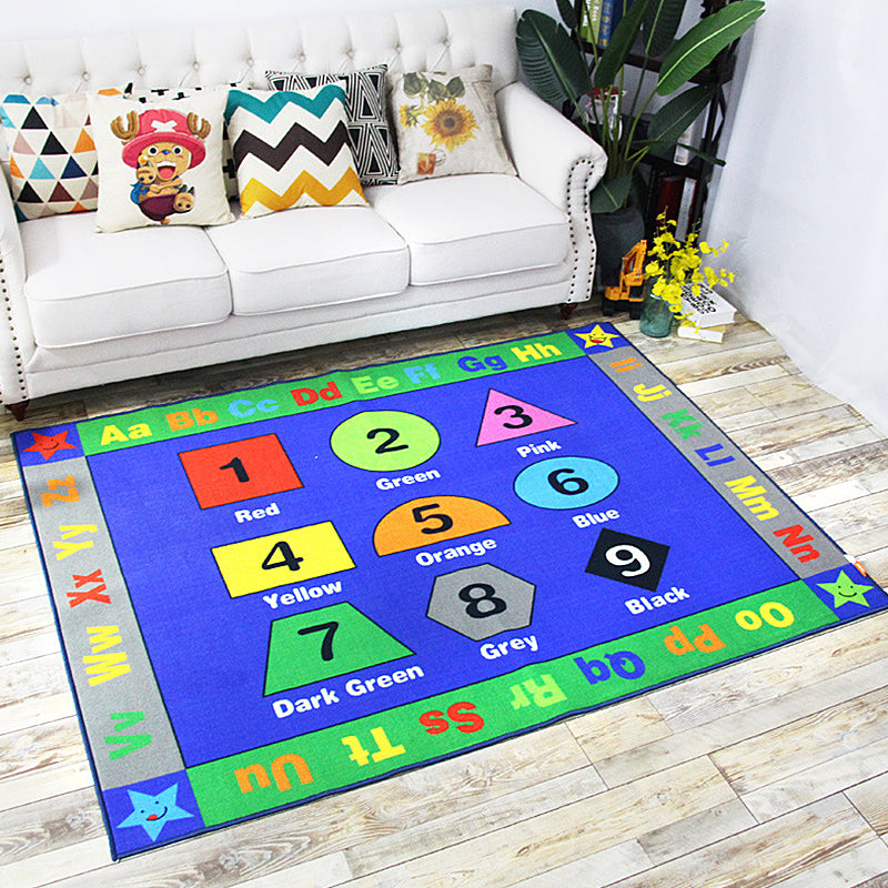 Green and Blue Nursery Rug Kids Letter and Number Pattern Rug Polyester Washable Anti-Slip Backing Pet Friendly Carpet Ocean Blue 4'11" x 6'7" Clearhalo 'Area Rug' 'Rug' 1811631