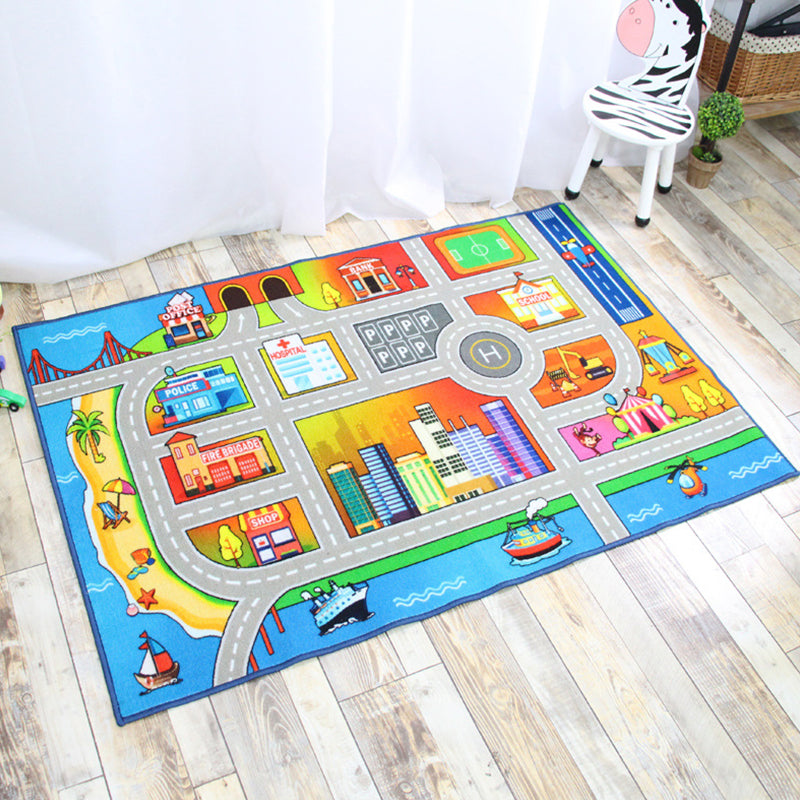 Funky Road Pattern Rug with Building Green and Grey Kids Rug Polyester Pet Friendly Washable Non-Slip Area Rug for Decoration Blue 3'3" x 4'11" Clearhalo 'Area Rug' 'Rug' 1811639