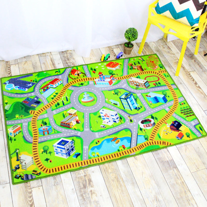 Funky Road Pattern Rug with Building Green and Grey Kids Rug Polyester Pet Friendly Washable Non-Slip Area Rug for Decoration Light Green 3'3" x 4'11" Clearhalo 'Area Rug' 'Rug' 1811642