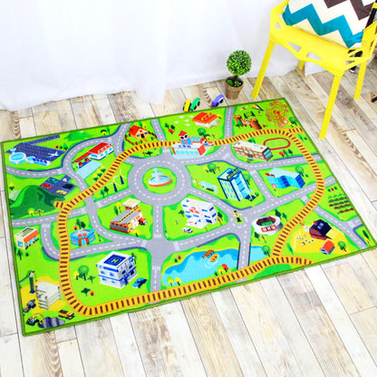 Funky Road Pattern Rug with Building Green and Grey Kids Rug Polyester Pet Friendly Washable Non-Slip Area Rug for Decoration Light Green 3'3" x 4'11" Clearhalo 'Area Rug' 'Rug' 1811642