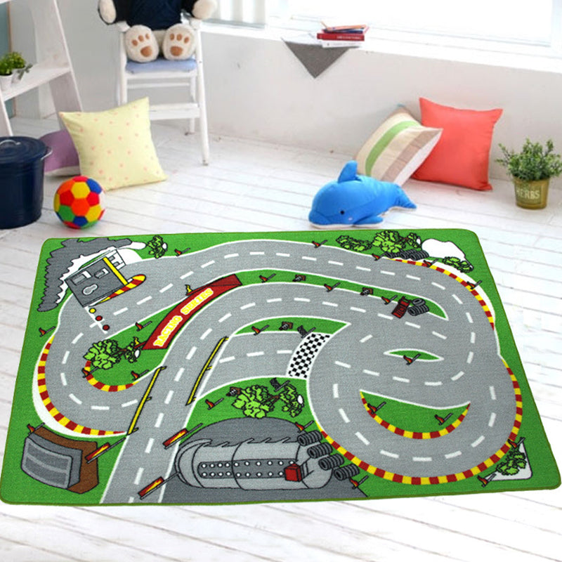 Funky Road Pattern Rug with Building Green and Grey Kids Rug Polyester Pet Friendly Washable Non-Slip Area Rug for Decoration Dark Gray 3'3" x 4'11" Clearhalo 'Area Rug' 'Rug' 1811644