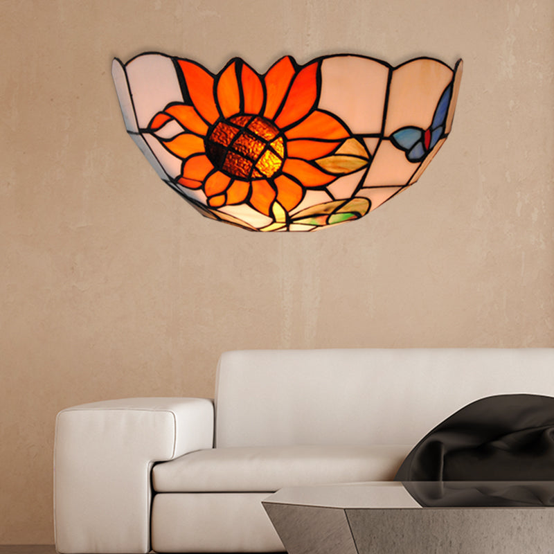 Sunflower Wall Lighting with Butterfly Pattern Rustic Loft Art Glass 1 Light Wall Sconce Light for Bedroom Orange Clearhalo 'Industrial' 'Middle century wall lights' 'Tiffany wall lights' 'Tiffany' 'Wall Lamps & Sconces' 'Wall Lights' Lighting' 181175