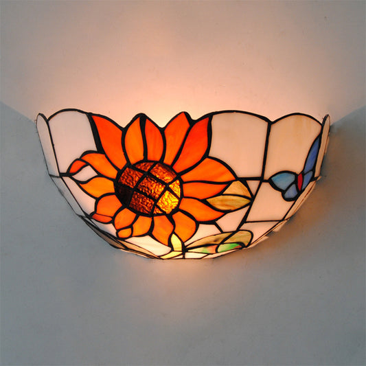 Sunflower Wall Lighting with Butterfly Pattern Rustic Loft Art Glass 1 Light Wall Sconce Light for Bedroom Clearhalo 'Industrial' 'Middle century wall lights' 'Tiffany wall lights' 'Tiffany' 'Wall Lamps & Sconces' 'Wall Lights' Lighting' 181176