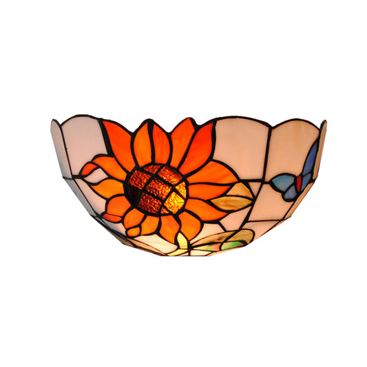 Sunflower Wall Lighting with Butterfly Pattern Rustic Loft Art Glass 1 Light Wall Sconce Light for Bedroom Clearhalo 'Industrial' 'Middle century wall lights' 'Tiffany wall lights' 'Tiffany' 'Wall Lamps & Sconces' 'Wall Lights' Lighting' 181177