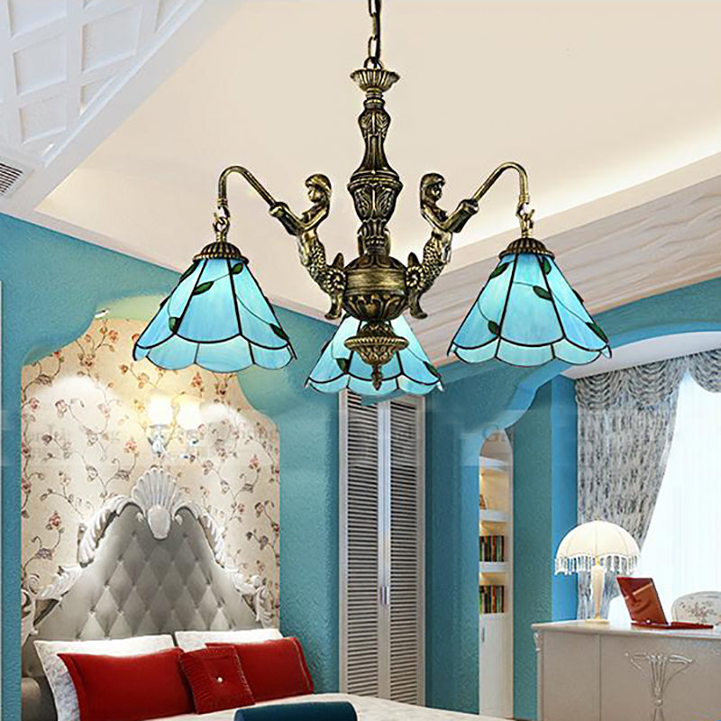 3/5 Lights Chandelier Lighting Tiffany Conical Stained Glass Hanging Ceiling Light in Blue with Mermaid Design Clearhalo 'Ceiling Lights' 'Chandeliers' 'Close To Ceiling Lights' 'Industrial' 'Middle Century Chandeliers' 'Tiffany Chandeliers' 'Tiffany close to ceiling' 'Tiffany' Lighting' 181180