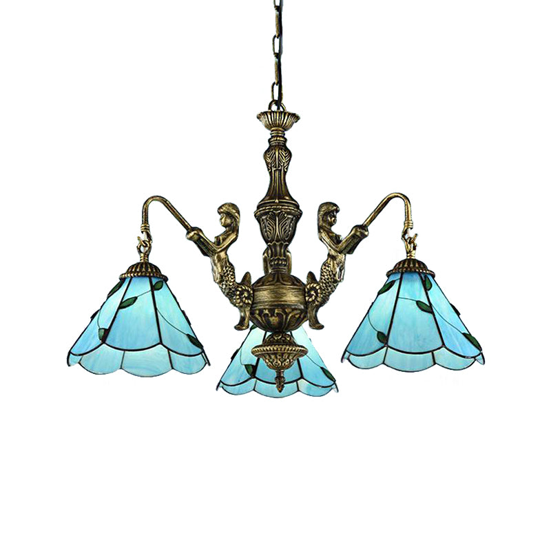 3/5 Lights Chandelier Lighting Tiffany Conical Stained Glass Hanging Ceiling Light in Blue with Mermaid Design Clearhalo 'Ceiling Lights' 'Chandeliers' 'Close To Ceiling Lights' 'Industrial' 'Middle Century Chandeliers' 'Tiffany Chandeliers' 'Tiffany close to ceiling' 'Tiffany' Lighting' 181181