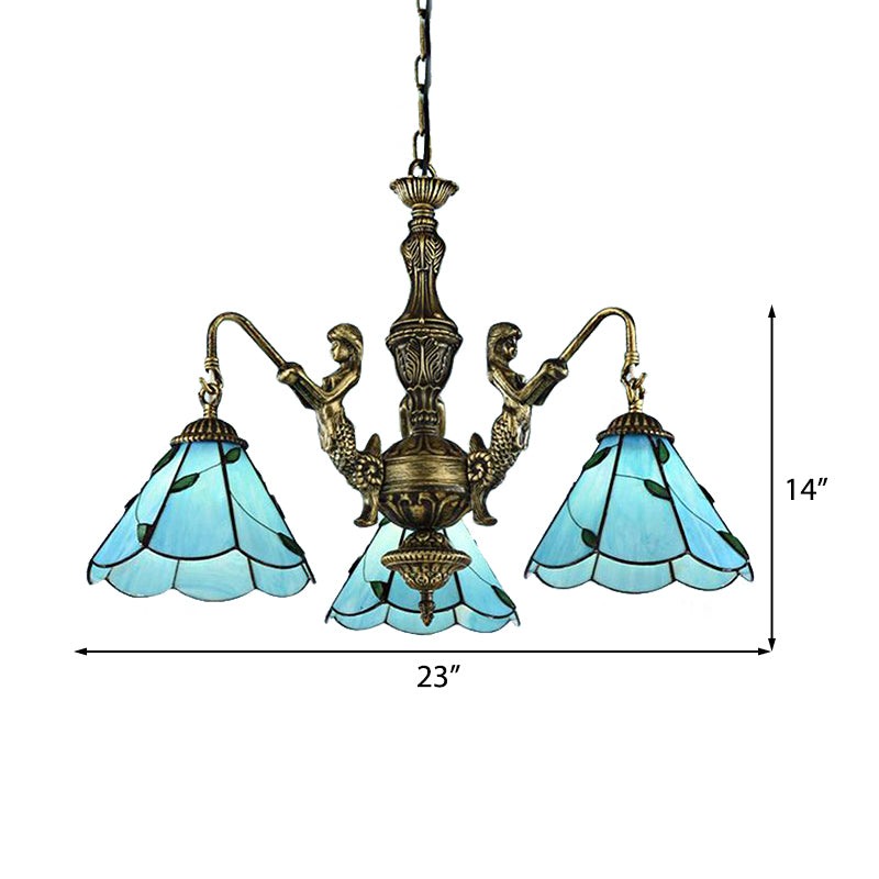 3/5 Lights Chandelier Lighting Tiffany Conical Stained Glass Hanging Ceiling Light in Blue with Mermaid Design Clearhalo 'Ceiling Lights' 'Chandeliers' 'Close To Ceiling Lights' 'Industrial' 'Middle Century Chandeliers' 'Tiffany Chandeliers' 'Tiffany close to ceiling' 'Tiffany' Lighting' 181182