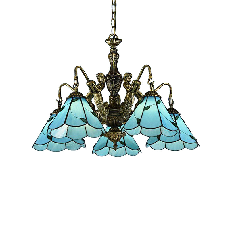 3/5 Lights Chandelier Lighting Tiffany Conical Stained Glass Hanging Ceiling Light in Blue with Mermaid Design Clearhalo 'Ceiling Lights' 'Chandeliers' 'Close To Ceiling Lights' 'Industrial' 'Middle Century Chandeliers' 'Tiffany Chandeliers' 'Tiffany close to ceiling' 'Tiffany' Lighting' 181184