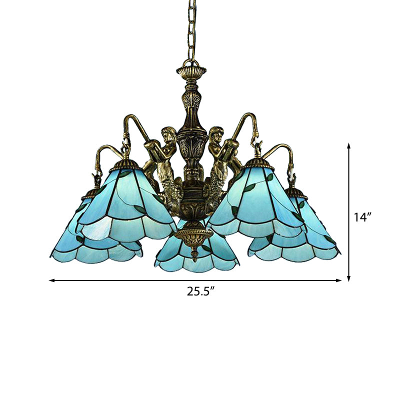 3/5 Lights Chandelier Lighting Tiffany Conical Stained Glass Hanging Ceiling Light in Blue with Mermaid Design Clearhalo 'Ceiling Lights' 'Chandeliers' 'Close To Ceiling Lights' 'Industrial' 'Middle Century Chandeliers' 'Tiffany Chandeliers' 'Tiffany close to ceiling' 'Tiffany' Lighting' 181185