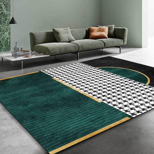 Green Living Room Rug Modernism Geometric and Houndstooth Pattern Rug Polyester Washable Anti-Slip Backing Pet Friendly Carpet