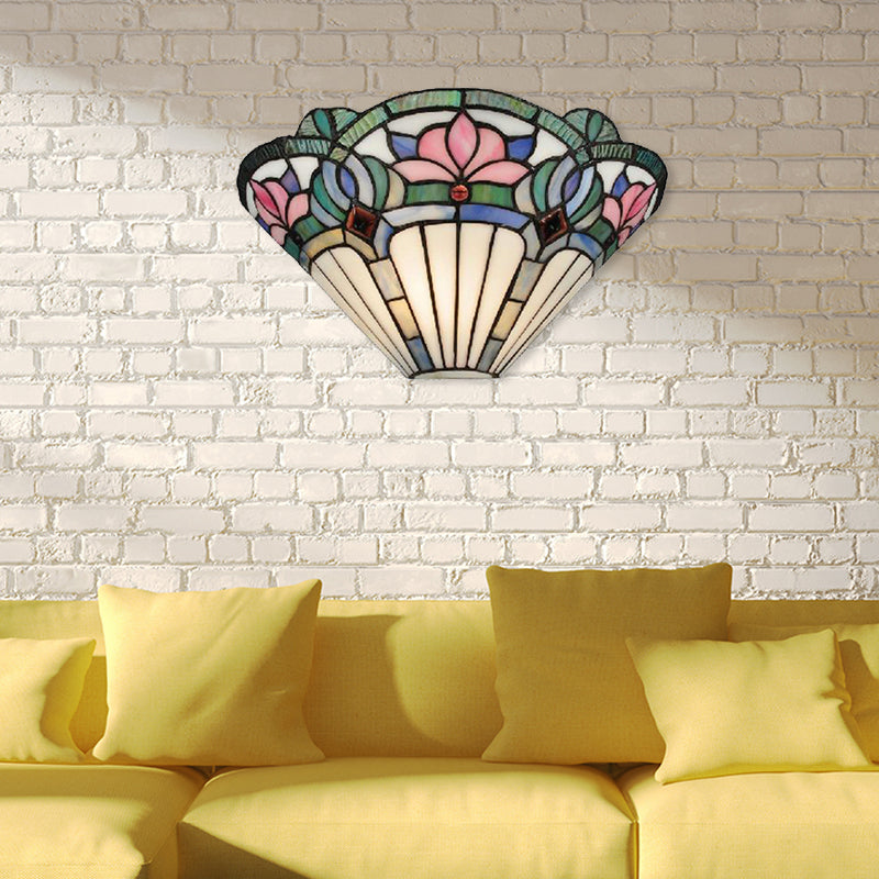 Lotus Wall Sconce Light Traditional Stained Glass 1 Bulb Wall Lighting in Pink and Green for Corridor Pink-Green Clearhalo 'Industrial' 'Middle century wall lights' 'Tiffany wall lights' 'Tiffany' 'Wall Lamps & Sconces' 'Wall Lights' Lighting' 181197
