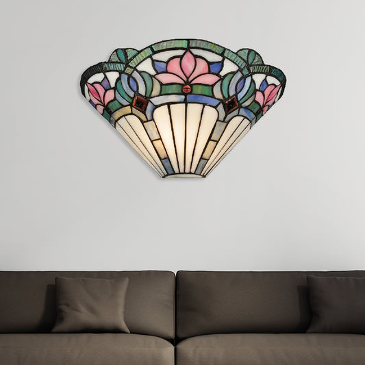 Lotus Wall Sconce Light Traditional Stained Glass 1 Bulb Wall Lighting in Pink and Green for Corridor Clearhalo 'Industrial' 'Middle century wall lights' 'Tiffany wall lights' 'Tiffany' 'Wall Lamps & Sconces' 'Wall Lights' Lighting' 181198