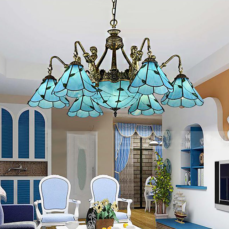 9 Lights Dining Room Ceiling Lamp Tiffany Blue Chandelier Light with Cone Stained Glass Shade Blue Clearhalo 'Ceiling Lights' 'Chandeliers' 'Close To Ceiling Lights' 'Industrial' 'Middle Century Chandeliers' 'Tiffany Chandeliers' 'Tiffany close to ceiling' 'Tiffany' Lighting' 181201