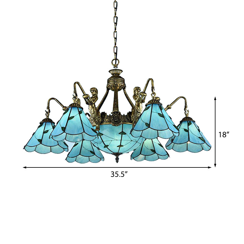 9 Lights Dining Room Ceiling Lamp Tiffany Blue Chandelier Light with Cone Stained Glass Shade Clearhalo 'Ceiling Lights' 'Chandeliers' 'Close To Ceiling Lights' 'Industrial' 'Middle Century Chandeliers' 'Tiffany Chandeliers' 'Tiffany close to ceiling' 'Tiffany' Lighting' 181204