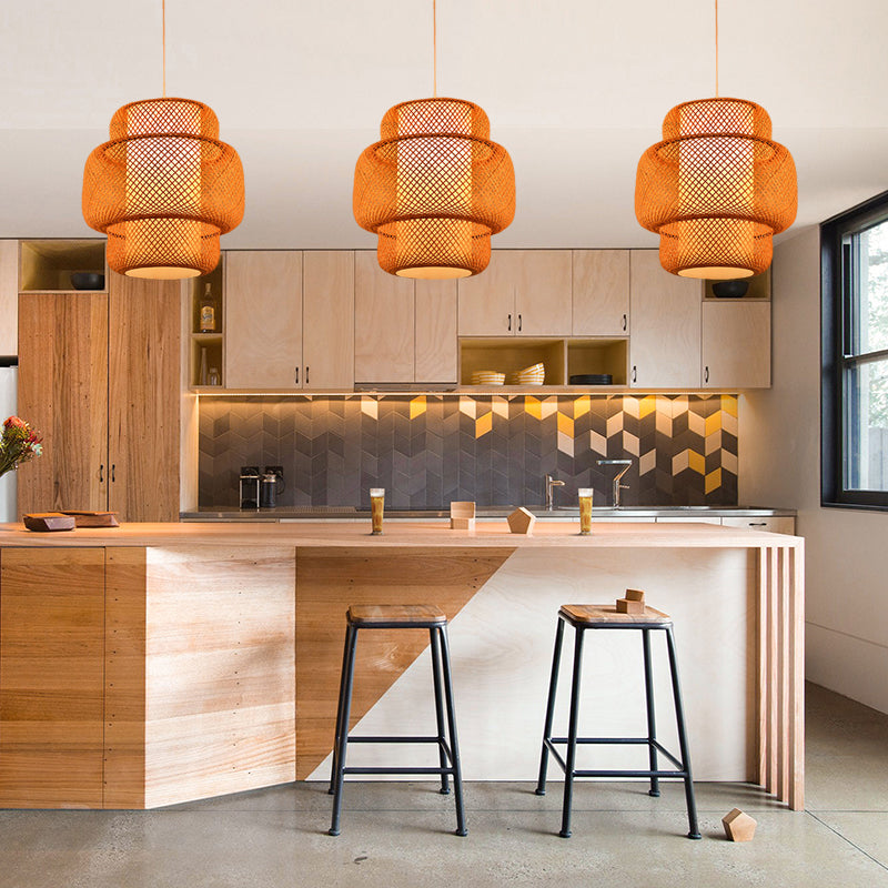 Lantern Shaped Hanging Light with Cross Woven Design Asian Bamboo 18"/19.5" W 1 Light Dining Room Suspension Lamp in Flaxen Clearhalo 'Ceiling Lights' 'Modern Pendants' 'Modern' 'Pendant Lights' 'Pendants' Lighting' 181207