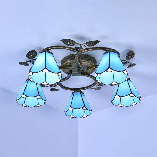 Rustic Conical Semi Flush Mount Stained Glass 9/5 Lights Semi Flush Light in Blue for Stairway 5 Blue Clearhalo 'Ceiling Lights' 'Chandeliers' 'Close To Ceiling Lights' 'Close to ceiling' 'Glass shade' 'Glass' 'Semi-flushmount' 'Tiffany close to ceiling' 'Tiffany' Lighting' 181211