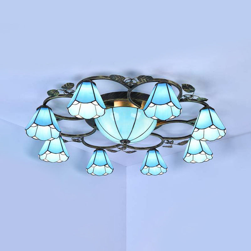 Rustic Conical Semi Flush Mount Stained Glass 9/5 Lights Semi Flush Light in Blue for Stairway 9 Blue Clearhalo 'Ceiling Lights' 'Chandeliers' 'Close To Ceiling Lights' 'Close to ceiling' 'Glass shade' 'Glass' 'Semi-flushmount' 'Tiffany close to ceiling' 'Tiffany' Lighting' 181215